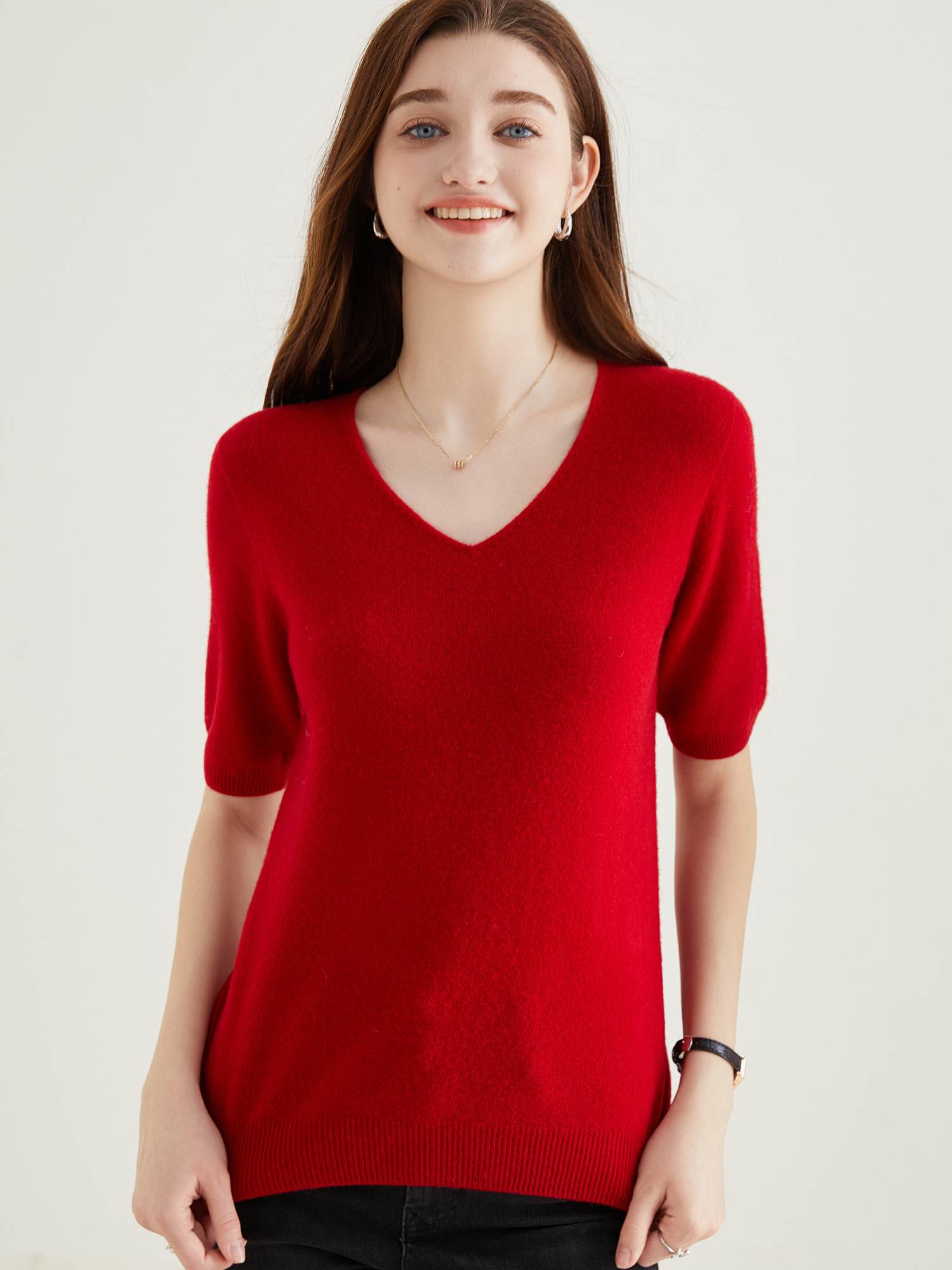Women's Sweater 100% Merino Wool Sweater for Women Pullover Short Sleeve Tops Spring Summer V Neck Soft Knitted Female Clothing: XL / Red