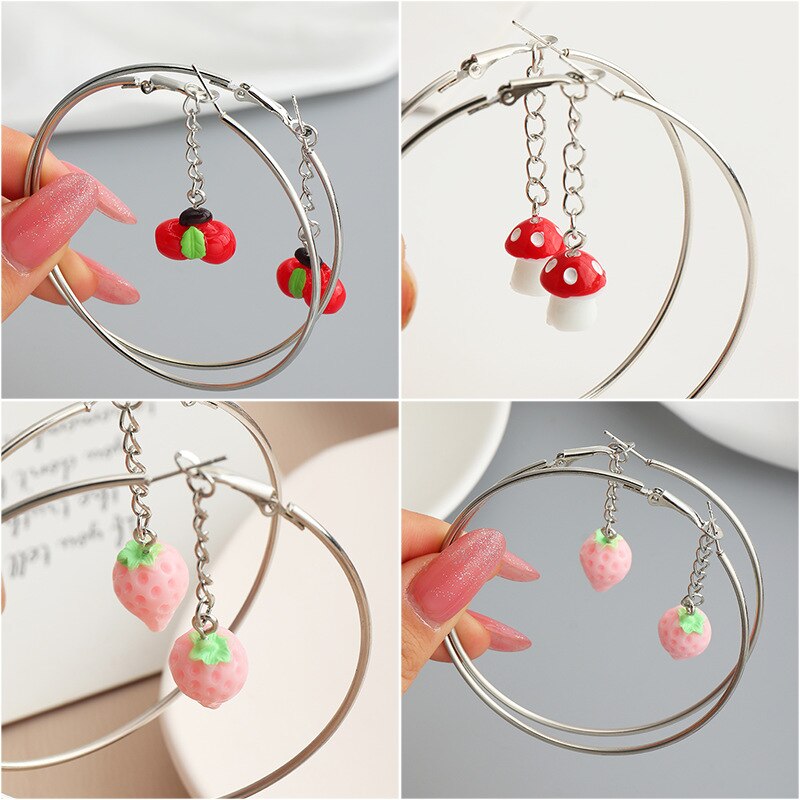 Neue Adorkable Nette Gelbe Ente Erdbeere Kirsche Ohrringe Mädchen Geometrische Pilz groß Reifen Ohrringe Schmuck