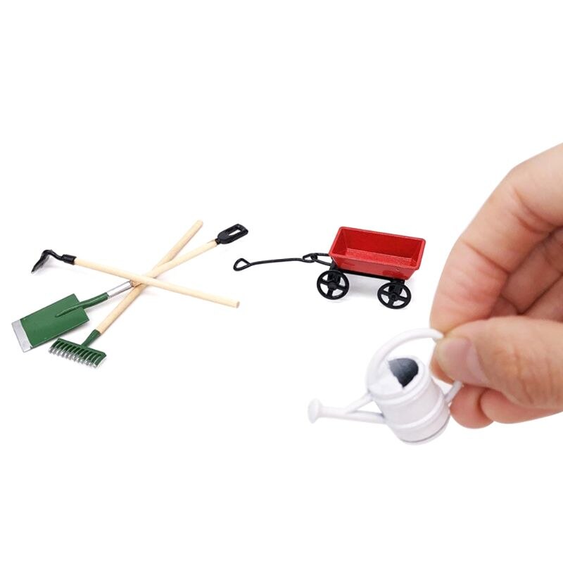 1:12 Miniatuur Poppenhuis Schattige Mini Metalen Kleine Pull Winkelwagen Landbouw Gereedschap Kits Voor Tuinmeubelen Accessoires Ornament