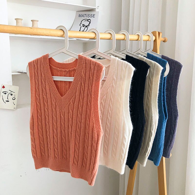 Gagarich Vest Women Autumn Korean Style Solid Color All-match Retro Pattern Knitted Slim V-neck Sleeveless Top Casual