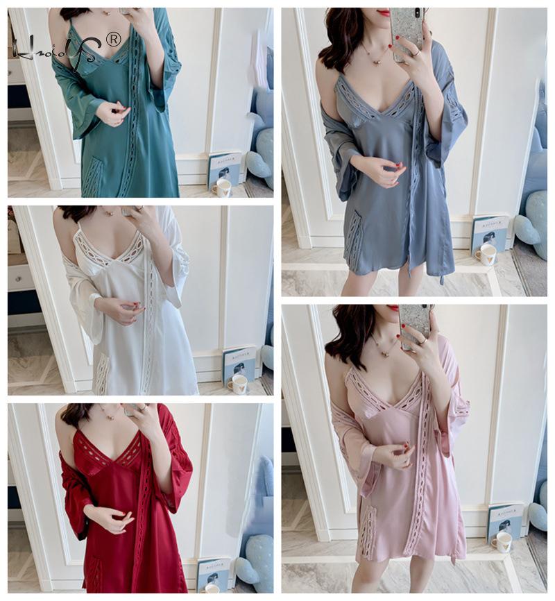 Sexy Lace Robe Sets Women Silk Satin Robe Loungewear 2PC Sleepwear Set Kimono Robe Bathrobe Nightgown Pajama Dress 2 Piece Suit