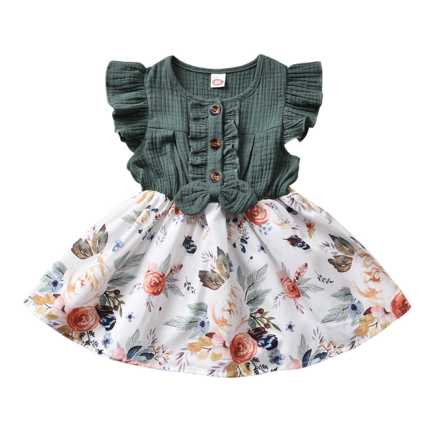 Citgeett sommer 1-5 år baby piger kjole sløjfe blomster print flæser ærmer knæ patchwork længde a-line kjole: 2t