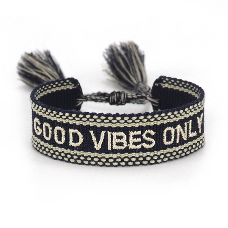 Hand Geborduurde Pols Band Kwastje Brief Vibes Gevlochten Armband Vrouwen Sieraden Goede: Navy blue