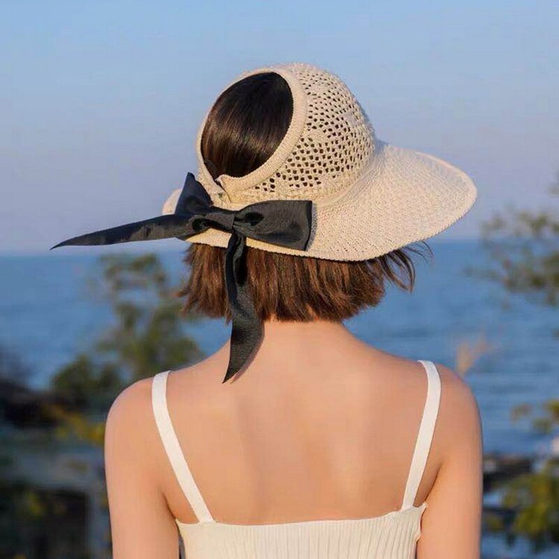 Large Brim Bow Foldable Beach HatUV Protected Hat Summer Sun Hats Big Brim Classic Bowknot Foldable Straw Hat Casual