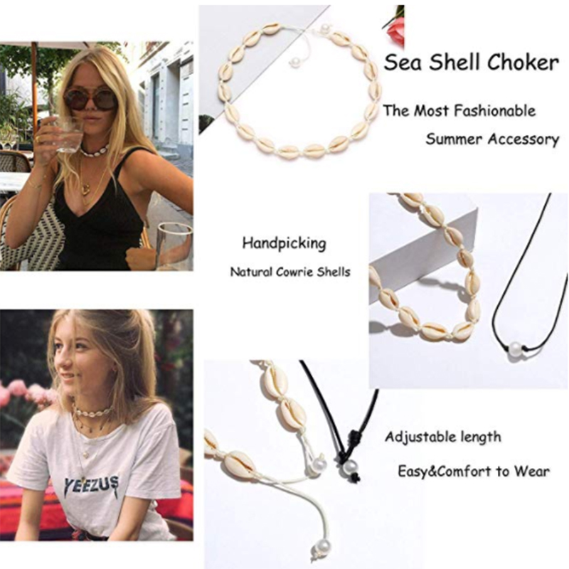 Shell Halskette für Frauen Boho Shell Halsband Set Hawaiian Chips Shell Kragen Surfer Halsband Perle Schnur Halskette Set