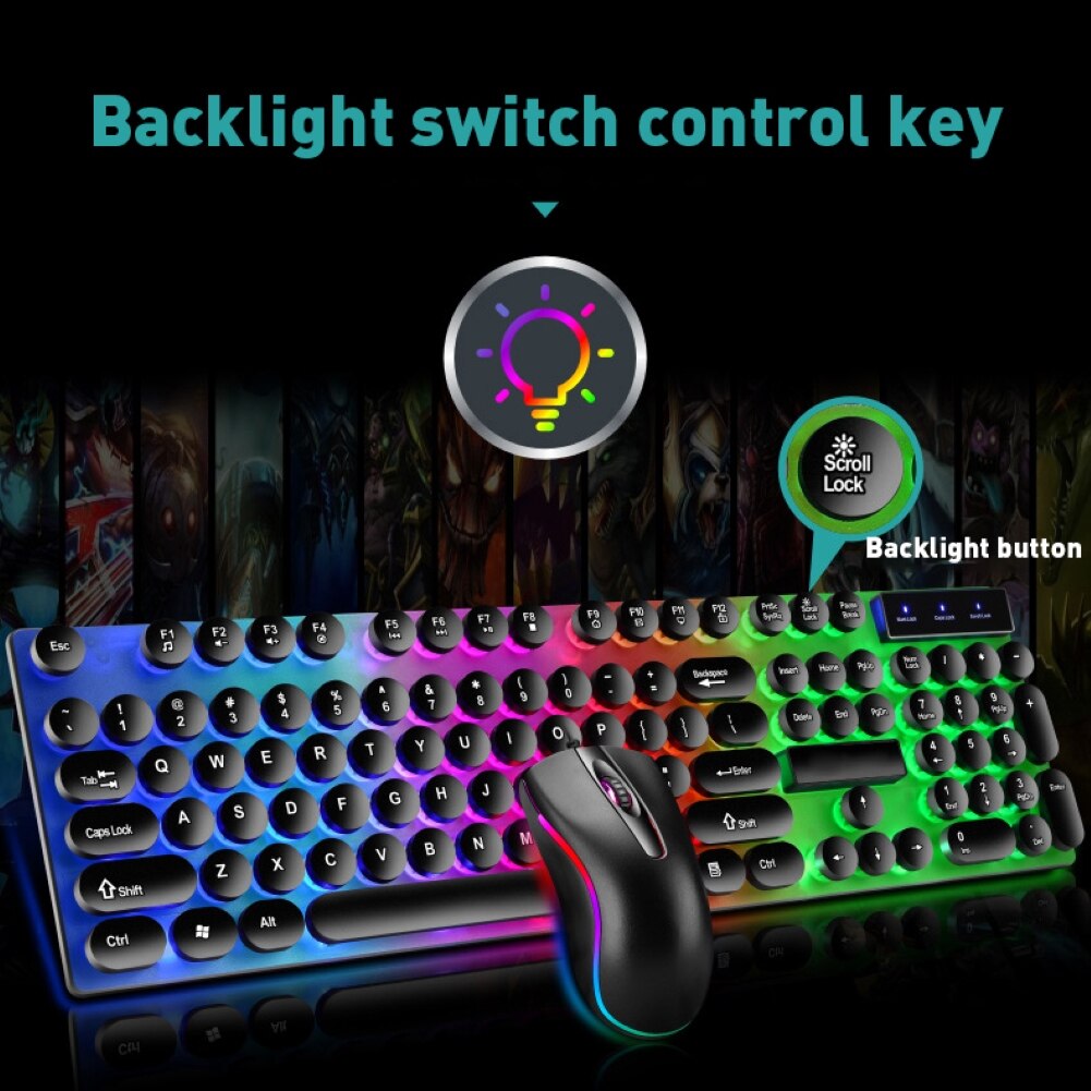 D290 Colorful LED Backlight Wired 104 Keys Mechanical Keyboard Mouse Set for PC