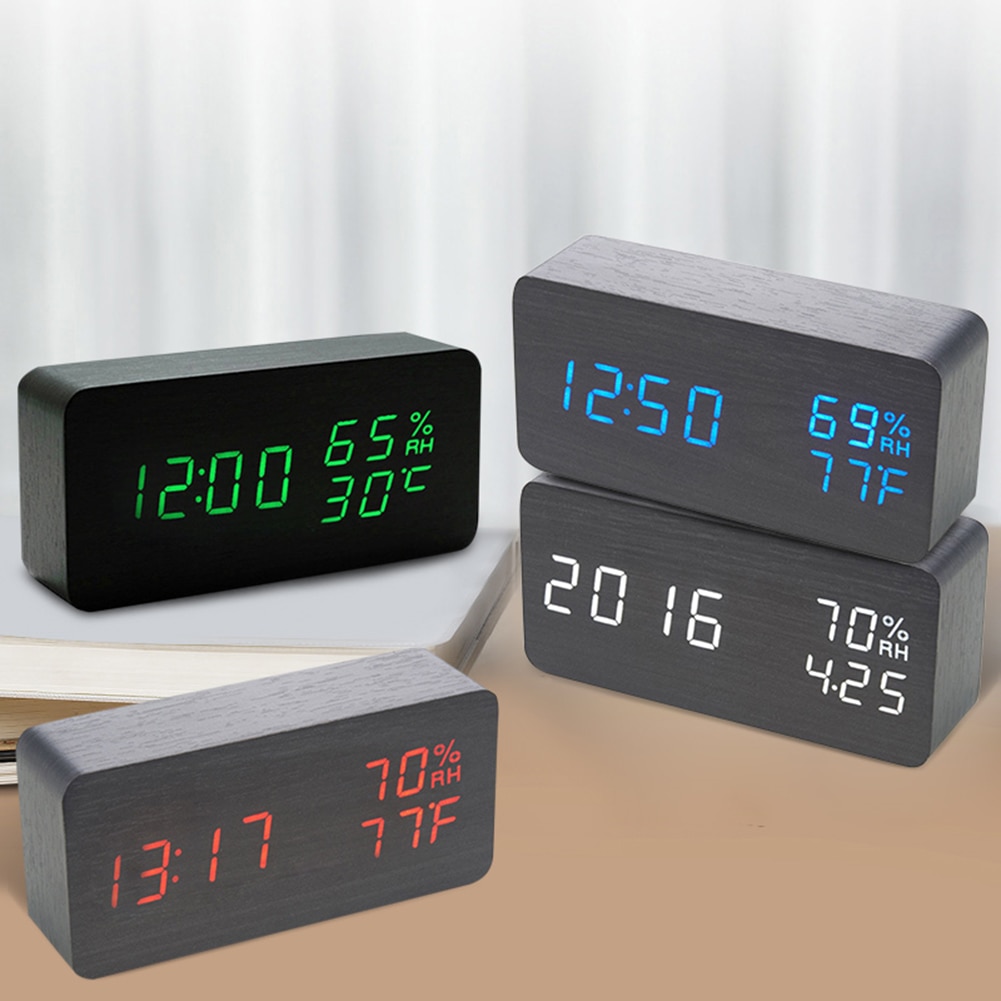 Bedroom Alarm Clock Home Bedside Desktop Wood Alarm Clock Living Room Multifunction Electronic LED Display Desk Alarm Clock