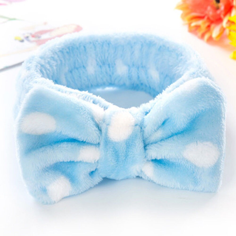 Merk schattige dames hoofdtooi met strik, knoop, stippen, gestreept, zacht, douchehoofdband, wikkelhoofddoek, badkamer, spa-make-up: Blauwe stip