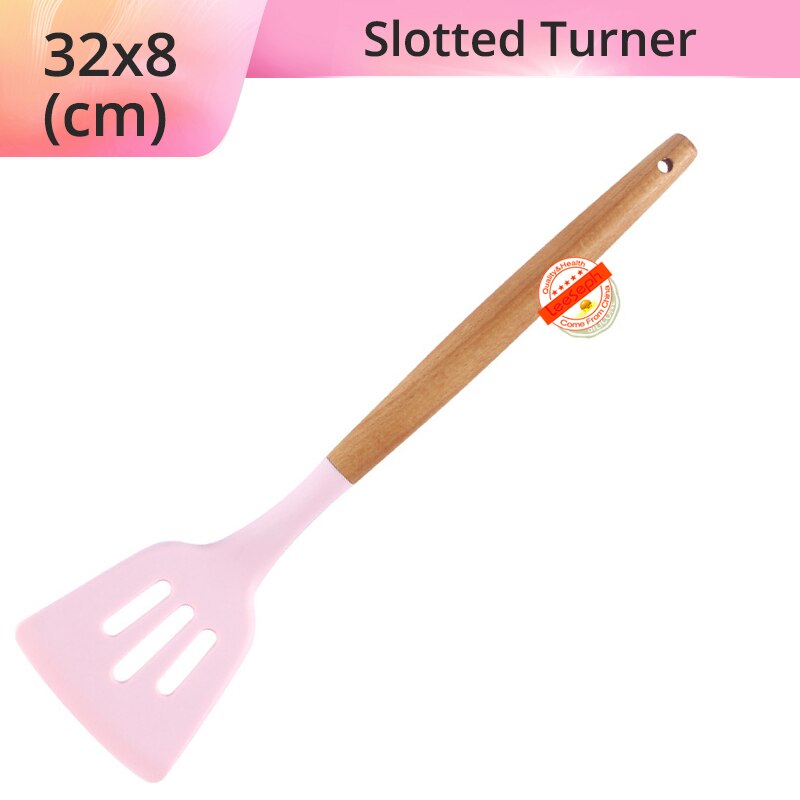 Silicone Cooking Utensils Kitchen Utensils, Acacia Wooden Cooking Tool for Nonstick Cookware - Best Kitchen Gadgets: Pink-Slotted Turner
