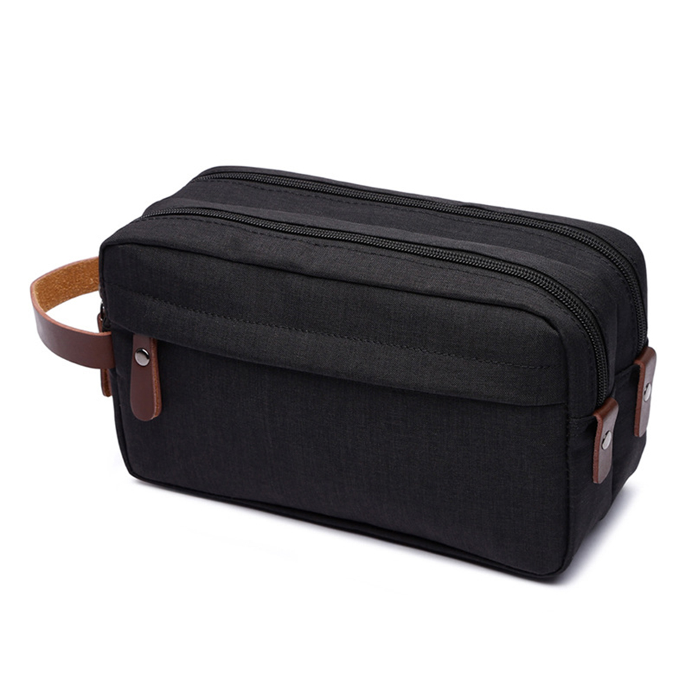 Casual Canvas Cosmetische Tas Met Lederen Handvat Reizen Mannen Wassen Scheren Vrouwen Toilettas Opslag Waterdichte Organizer Bag 2022: Black
