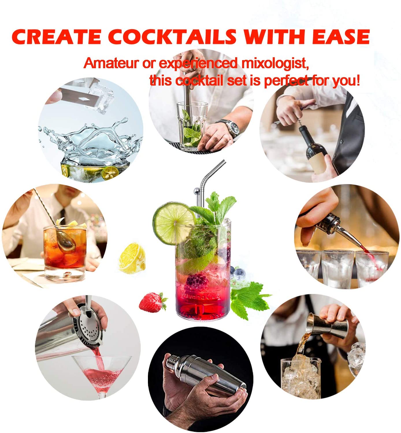 Cocktail Shaker Bar Set - Brushed Stainless Steel 14 Piece Bar Tool Kit for the Home Bar