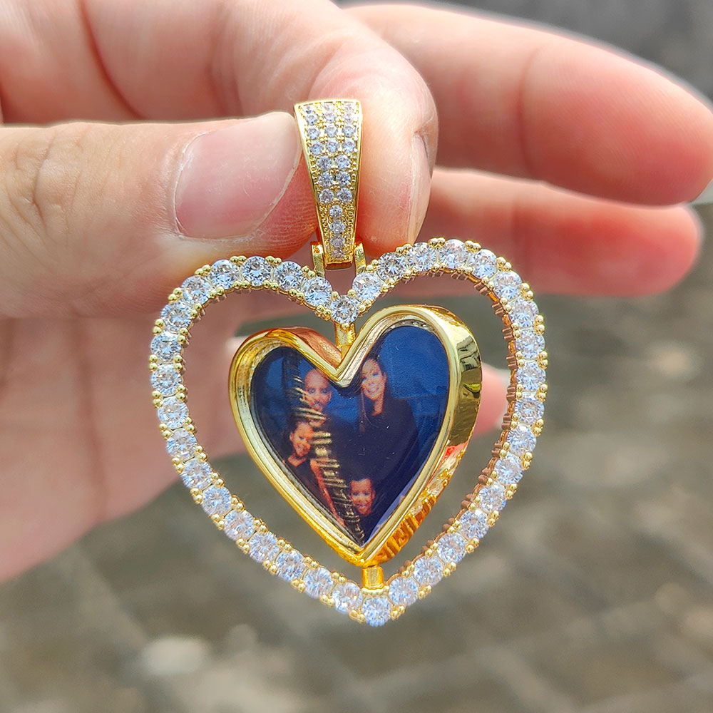 Collar con colgante de imagen de corazón de dos caras, joyería para hombres, Hip Hop, foto helada personalizada, colgante giratorio para mujeres,: 50 cm / Blanco / Color dorado