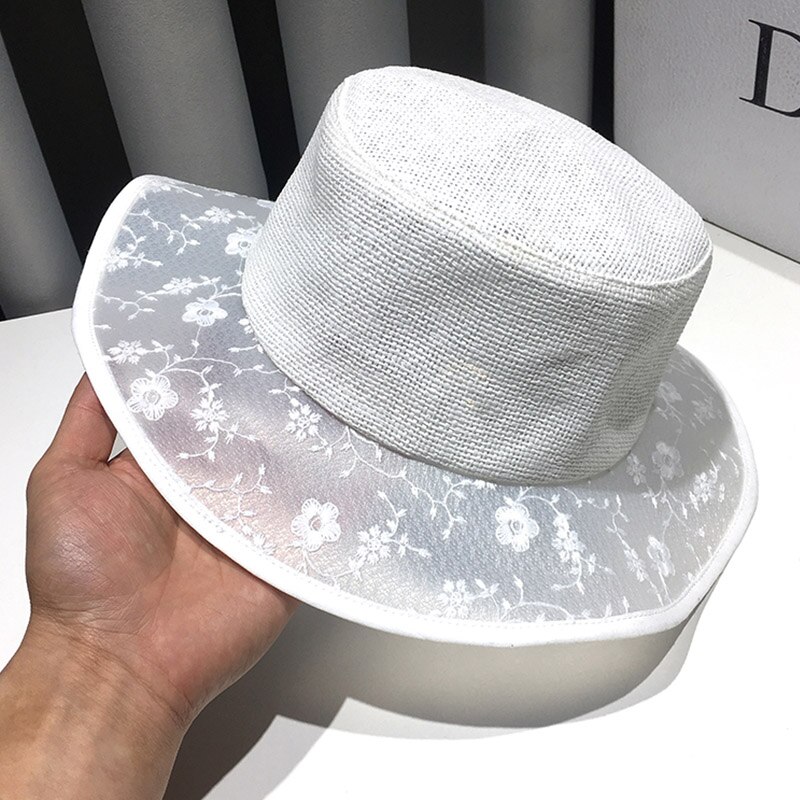 Franse Stijl Vrouwen Witte Hoed Bloem Patroon Strand Zonnehoed Haak Packable Reizen Vrouwen Hoed Derby Kerk Hoed Dames Schipper hoed