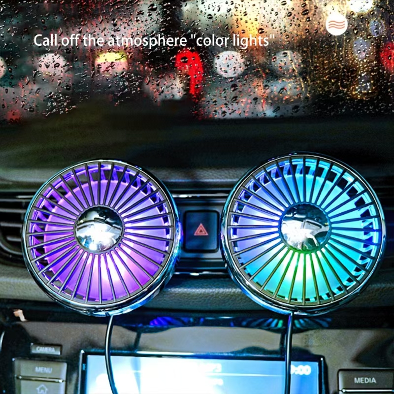 Mini ventilador de coche, ventilador de refrigeración para coche, clip de ventilación de aire USB para coche, ventilador pequeño con iluminación ambiental, ventilador potente eléctrico ajustable de 3 velocidades