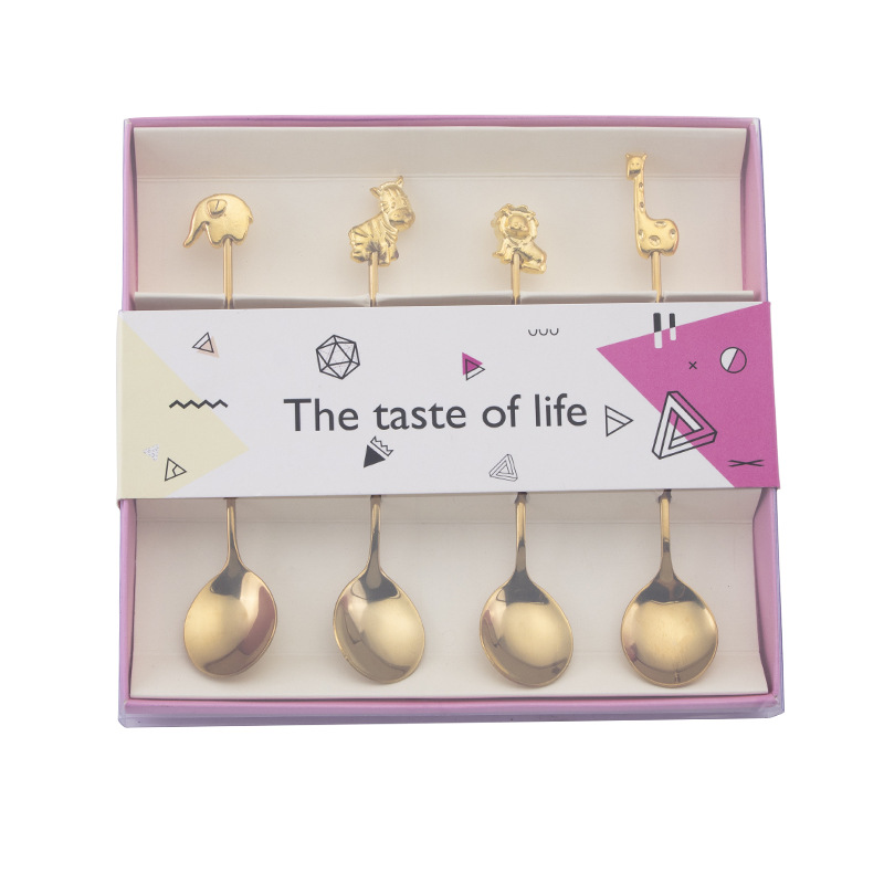 304 Stainless Steel Coffee Spoon Tableware Tea Spoons Dessert Fork with Animal pattern: Spoon Set Gold