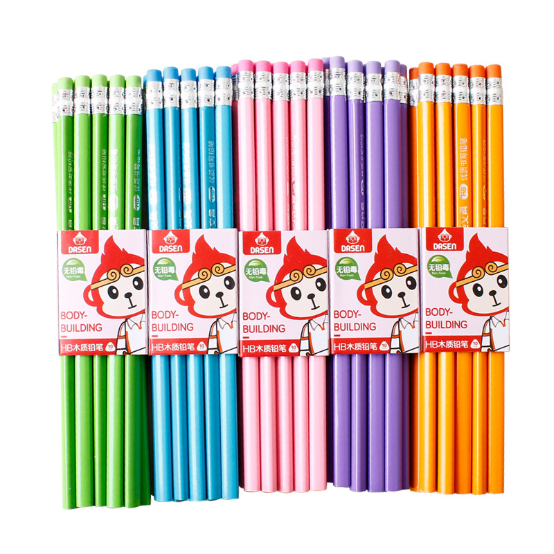 100pcs Classic solid color log Pencil With Rubber Attached HB Writing Learn Drawing Writing Pencil Office Stationery