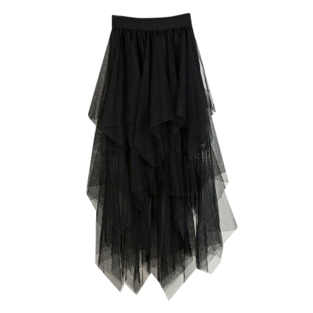 Women irregular Tulle Skirts Elastic High Waist Mesh Tutu Skirt Pleated Long Skirts Midi Skirt Saias Faldas Jupe Femmle*: B