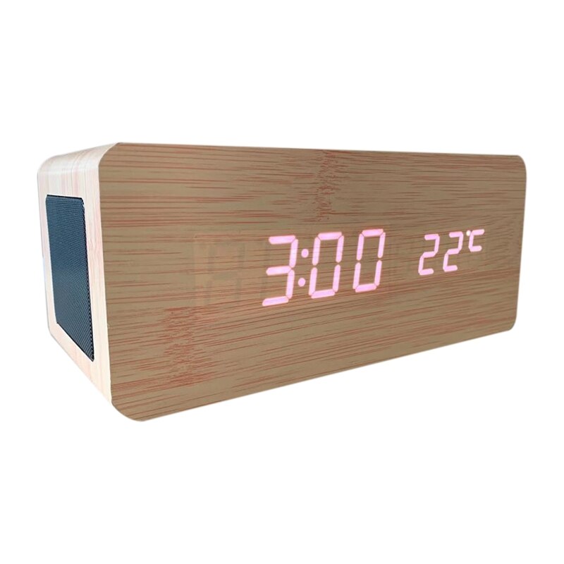 Bamboo Wooden Alarm Clock with Bluetooth Speaker Voice Control LED Digital Clock Wireless Charging Phone Wood Temperature Table