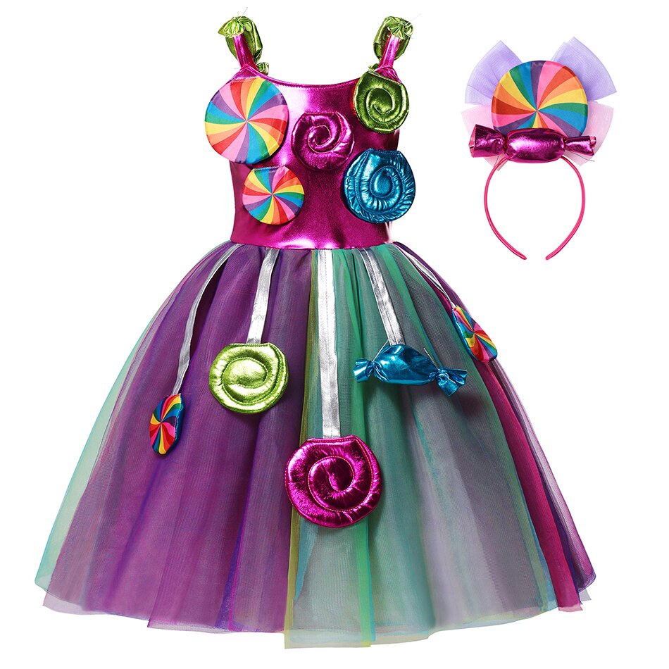 Sweet Candy Girl Clothes Summer Kids Carnival Frock Little Girl Birthday Fancy Rainbow Tutu Dress with Hairband Child Party Gown: Girls Candy Dress B / S(4T)