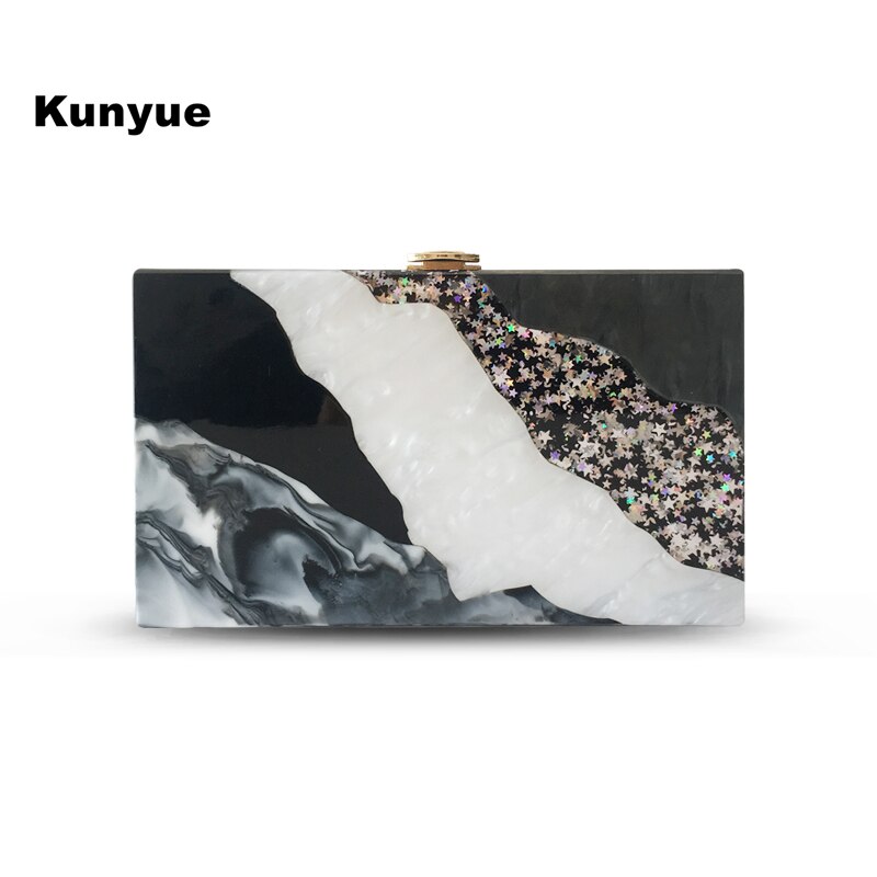 BlingBling Acrylic Evening Bag Marble Pattern Black White Flap Handbags Casual Patchwork Party Prom Wedding Clutch Purse