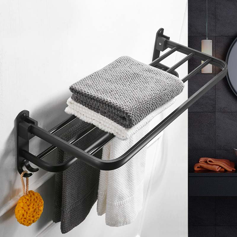 Matte Black Movable Bath Towel Holder No punching Wall Mounted Bath Towel Shelf Folding Towel Holder Towel Bar with Hooks
