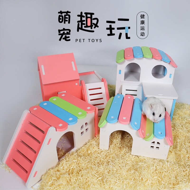 Zabawka dla chomika drewniane meble dla majsterkowiczów kołowrotek do slajdów drewniane gniazdo mały domek raj Djungarian Hamster Villa House Supplies