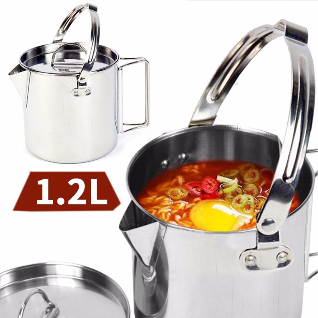 1.2L Stainless Steel Outdoor Picnic Camping Cooking Kettle Hanging Pot With Lid