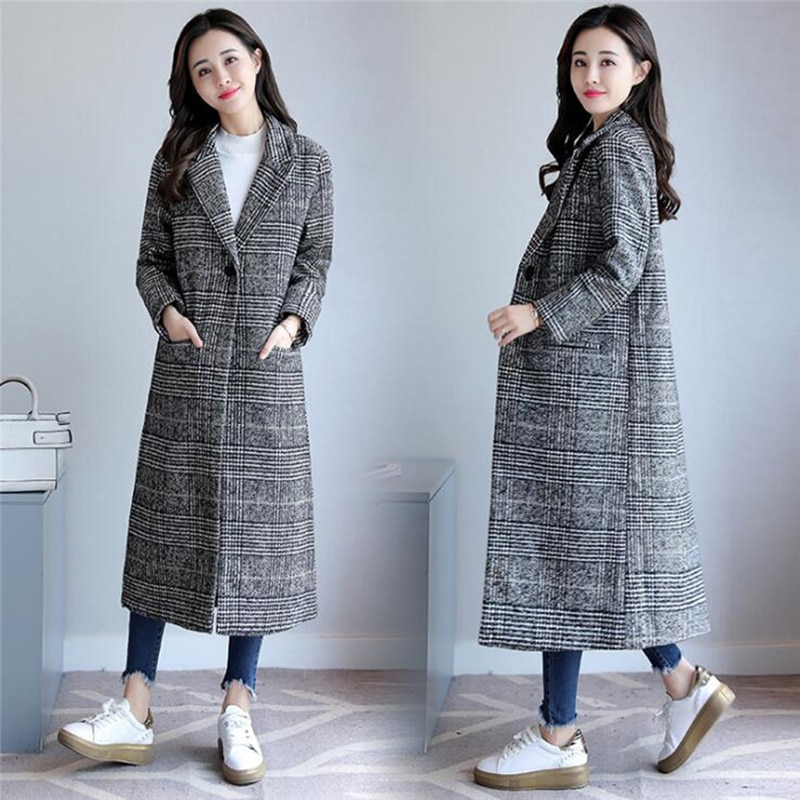 2021 primavera outono das mulheres de lã xadrez casaco clássicos feminino solto longo único breasted casacos fino feminino inverno poliéster jaquetas