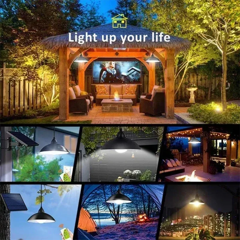 Hanglamp op zonne-energie Buiten Waterdichte LED-lamp Dubbele kop Kroonluchter Decoraties met afstandsbediening voor binnenschuur Schuurkamer