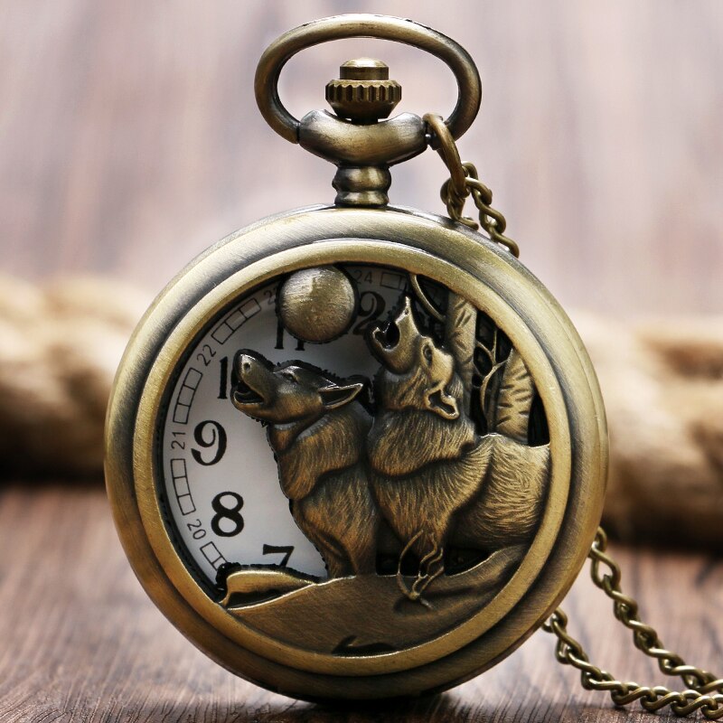 Cool Howling Wolf Hound Dog Bronze Copper Retro Women Men Quartz Pocket Watch Pendant Necklace Chain Relogio De Bolso