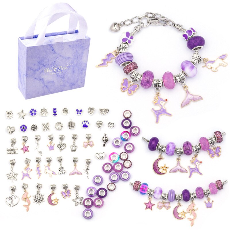 Mädchen DIY Charme Armband Halsketten Schmuck Machen Kit mit Rosa Box für Mädchen Frauen Valentines Geburtstag Weihnachten: Purple