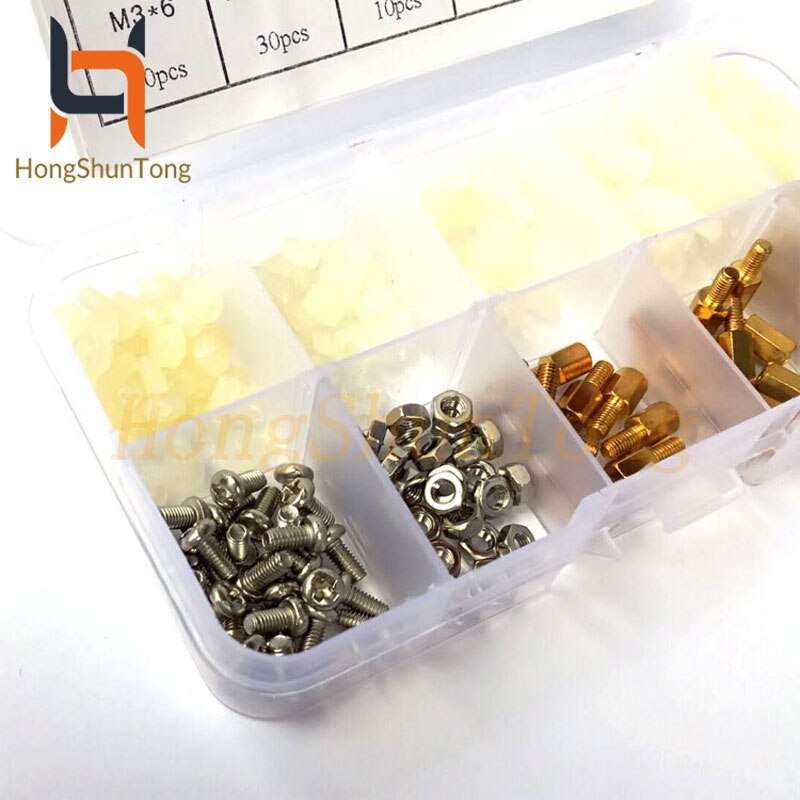 180pcs/set M3 Nylon and Brass White Male-Female M-F Stainless Steel Screws Nut Assortment Box kit set with Plastic Box Hollow