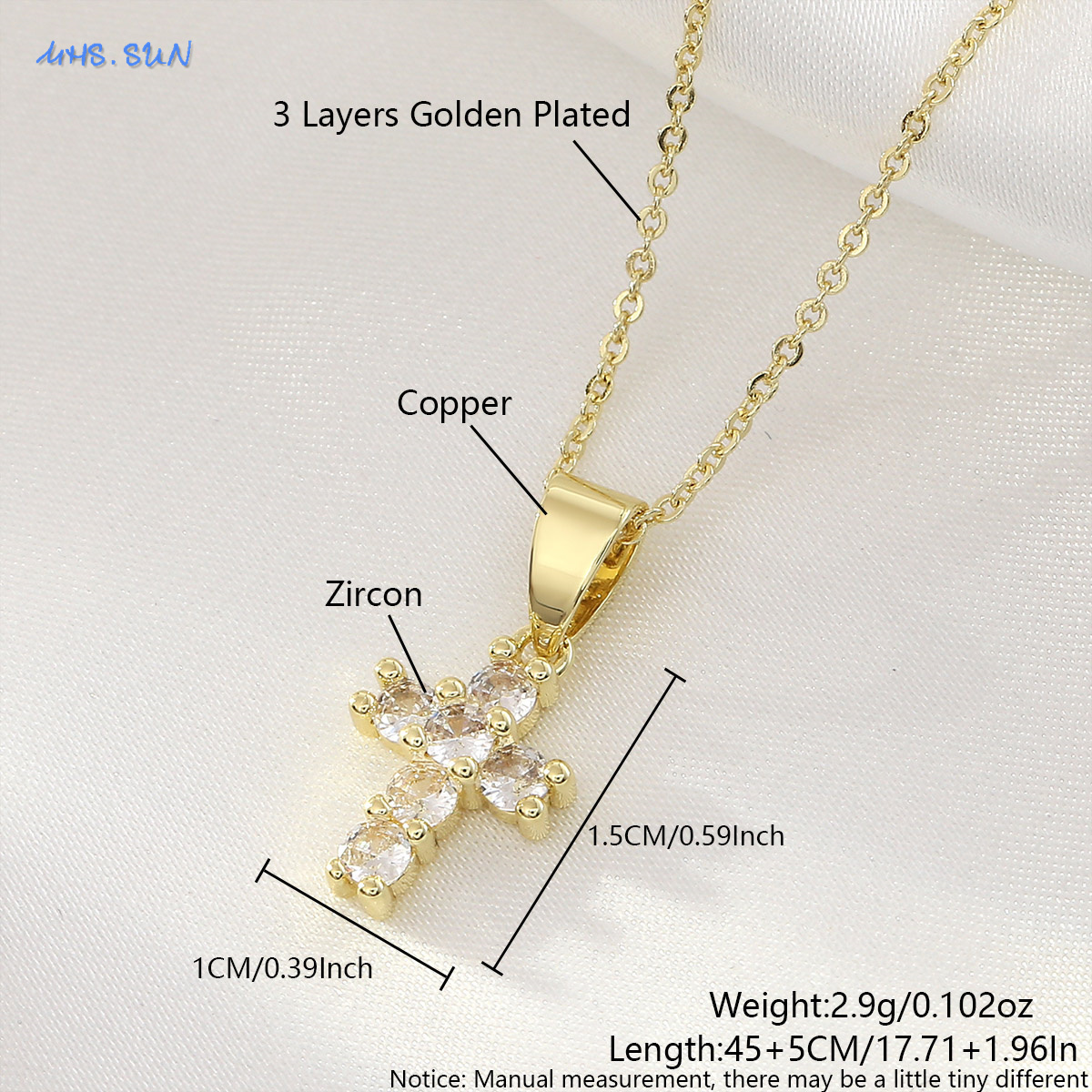MHS.SUN Jesús circón Cruz grande collar Unisex Simple Cruz grande colgante collares para hombres mujeres pareja religión joyería: Oro oscuro