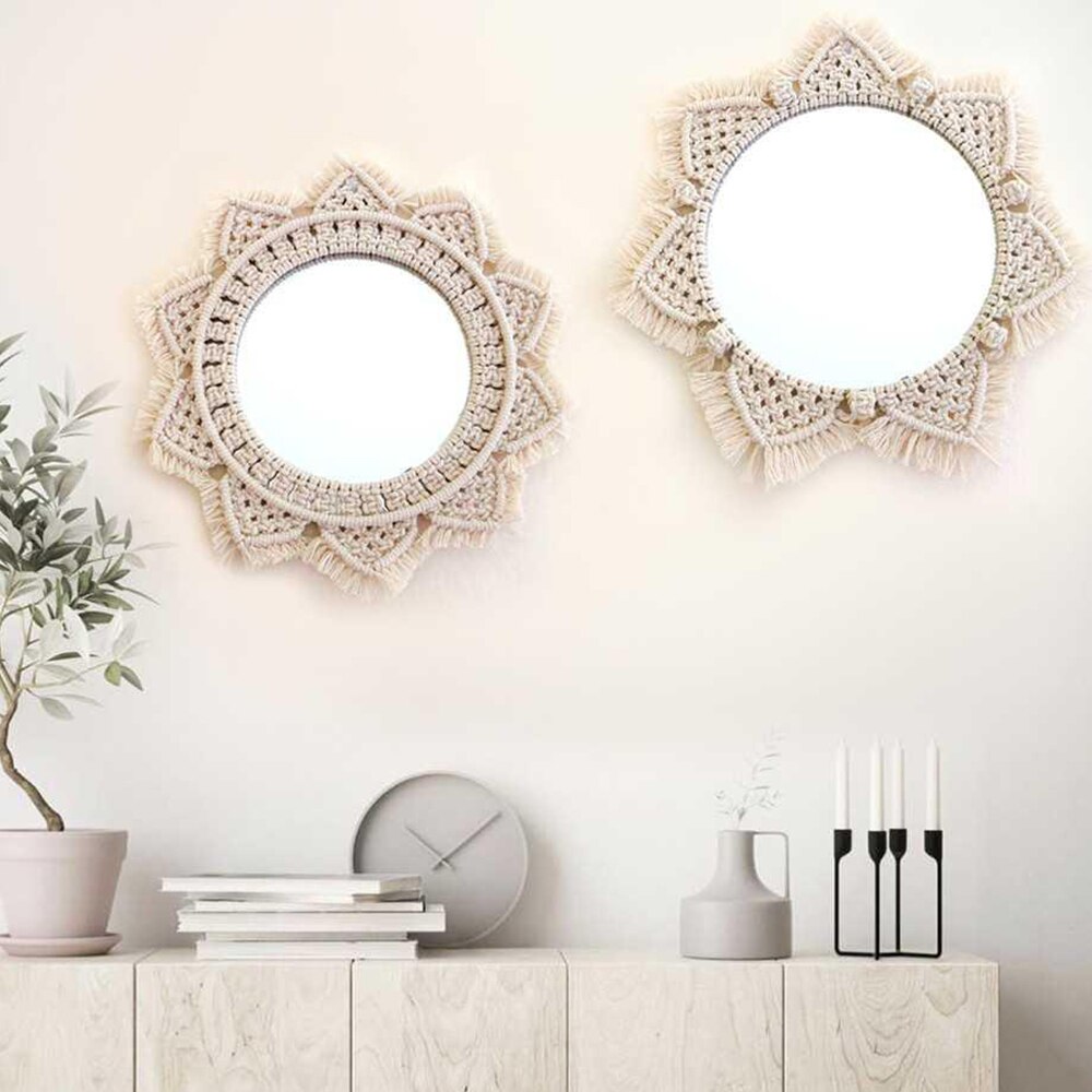Macrame espelho artesanal tapeçaria maquiagem espelho charme iluminado compacto casa quarto decorativo parede pendurado espelhos decoração da sua casa