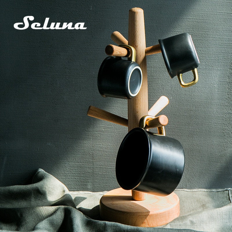 Wooden Coffee Cup Holder Beech Wood Tree Stand Rack 6 Cup Mug Holder Countertop Pantry Stands Mug Shelves Hanger Kitchen Display