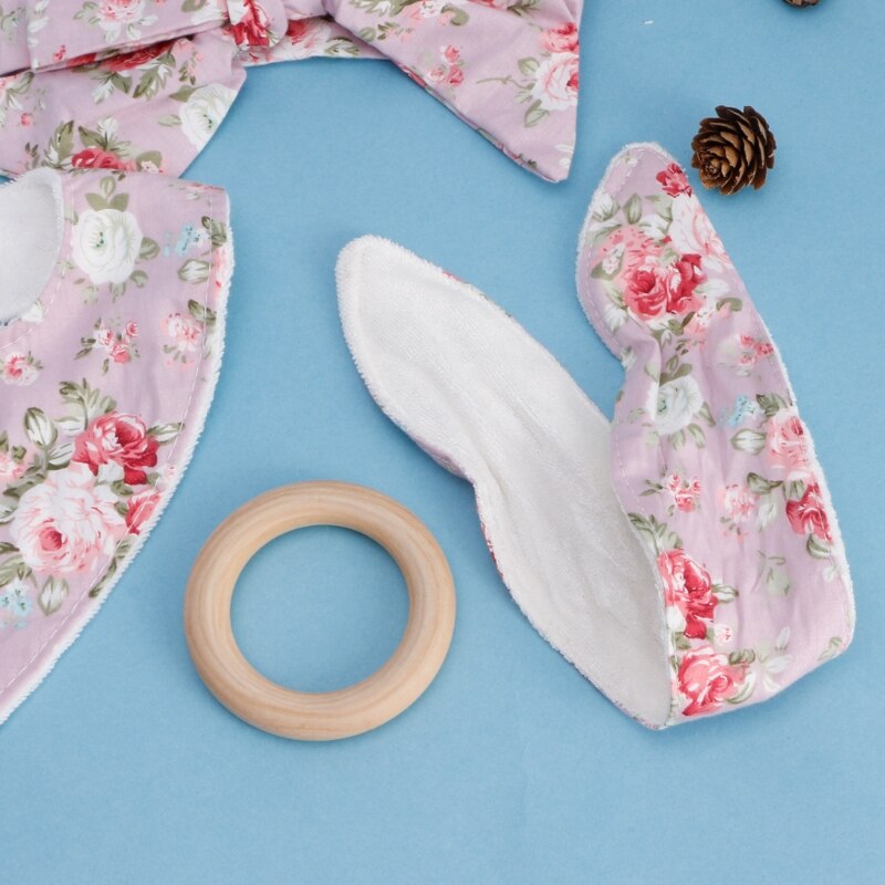 3 Pcs Baby Kaninchen Ohren Baumwolle Mischung + Holz Beißring Baumwolle Lätzchen Stirnband Infant Speichel Handtuch Pflege Set Fütterung Bib