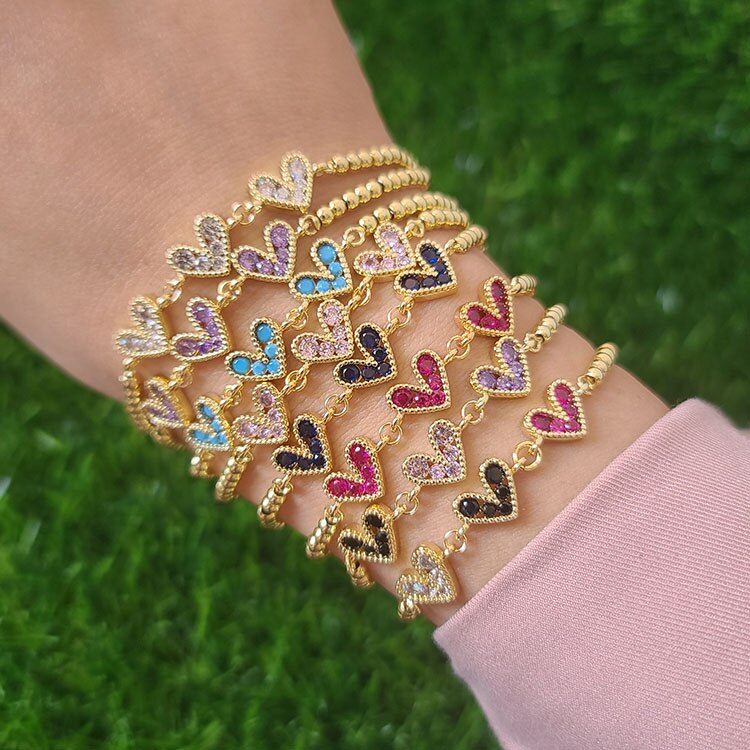 8Pcs Mother&#39;s Day Dainty Mini gold plated colorful crystal cz love heart charm bracelets for Mommy Birthday