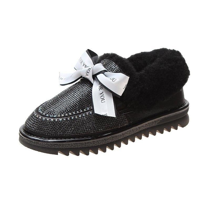 Glänsande kristallpärlor pälslägenheter kvinnor band bowtie plysch vinterskor antisladd strass ull päls mockasin kvinnor bomull loafers: Svart band / 9
