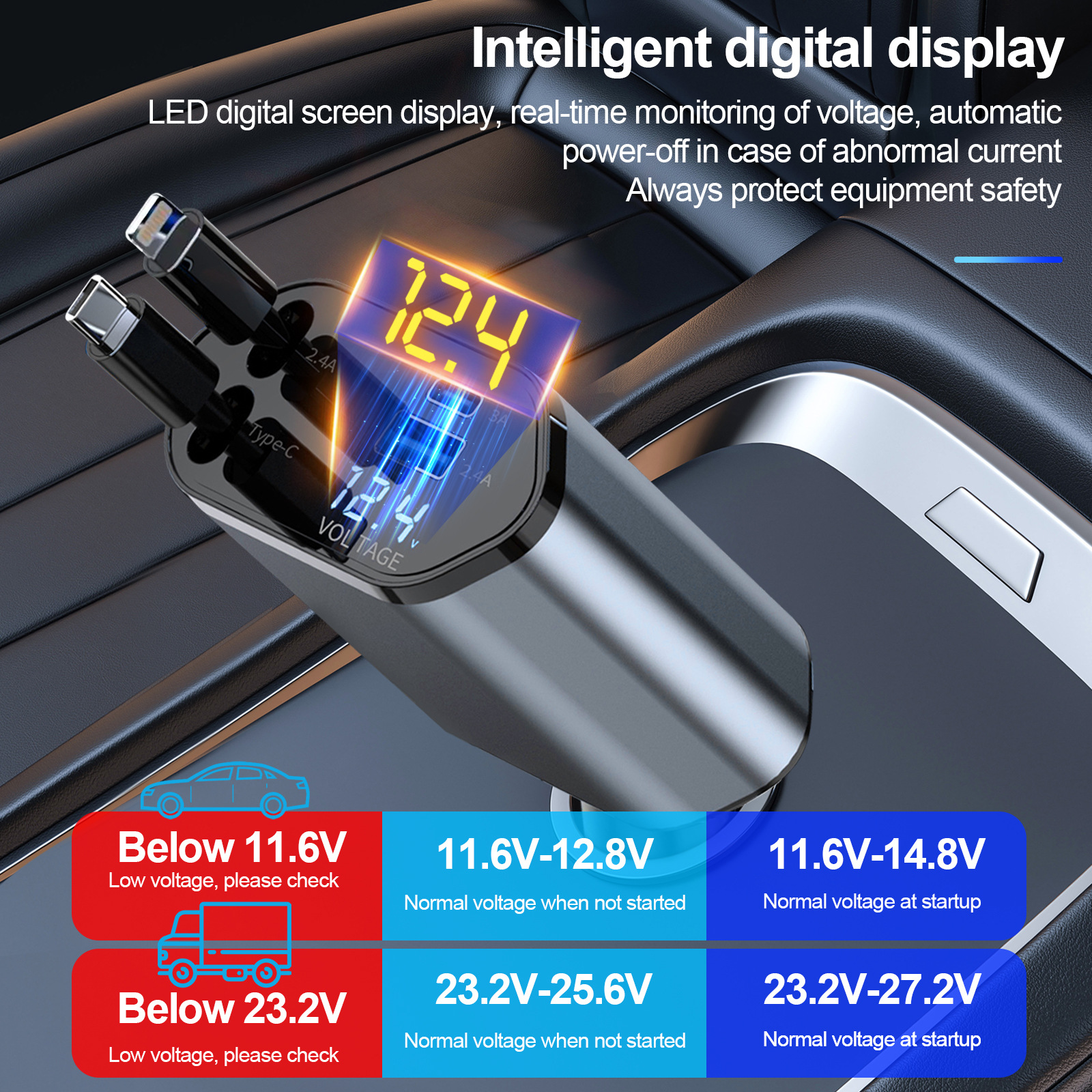 70 W snelle autolader, 4-in-1 intrekbare autotelefoonopladeradapter, intrekbare kabels USB-C en 2 USB-poorten autolader