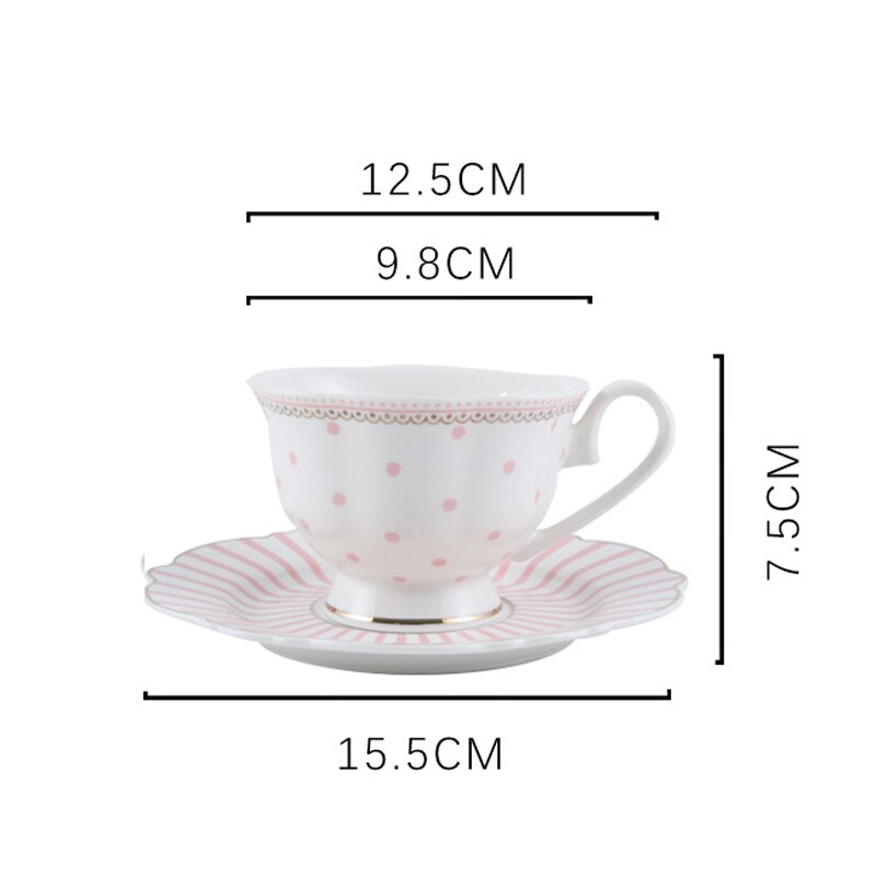 10inch Food Tray Gold Edge Dinnerware Set Polka Dot Dinner Plate Set Soup Dish Steak Flat Plate Flower Shape Breakfast Tableware: Pink  cup set