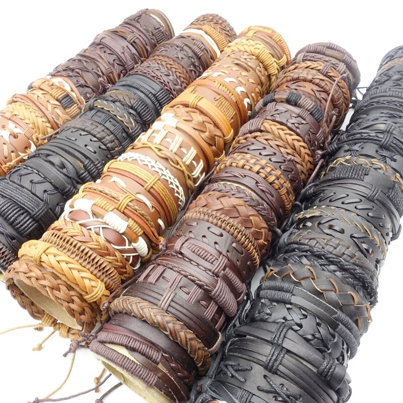 MIXMAX all&#39;ingrosso 50 pezzi bracciali polsino per uomo donna Mix stili fatti a mano in pelle gioielli moda regalo regalo scatola ridimensionabile confezionato