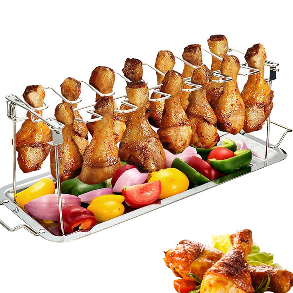 Stainless Steel Chicken Wing Leg Rack Grill Holder with Drip Pan for BBQ BBQ Rib Non Stick Carbon Steel Rack Grill 3