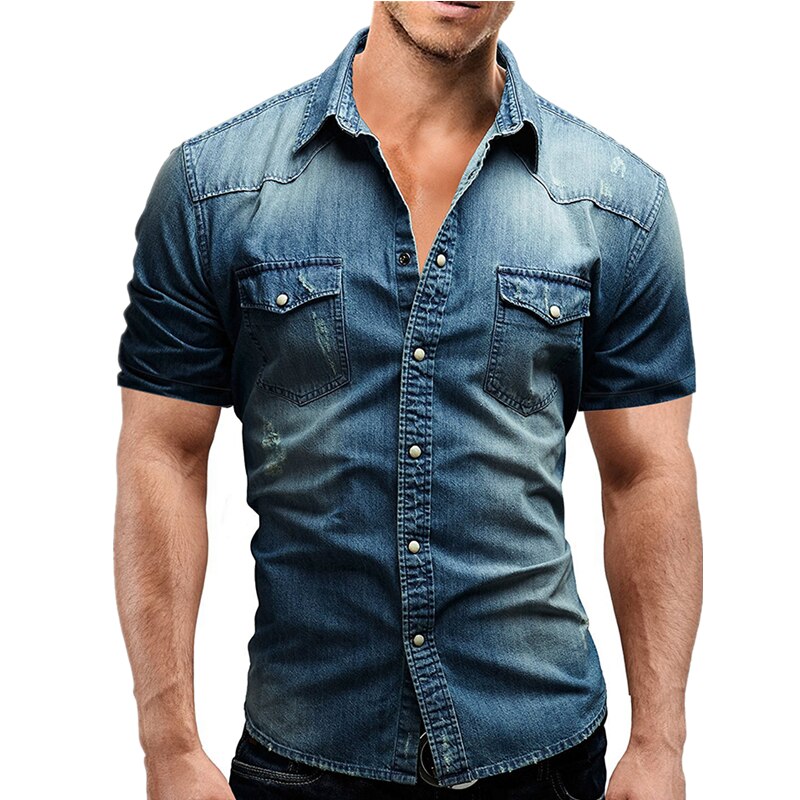 Camisas de mezclilla de hombres de verano de para hombre manga corta suave camisas de algodón ligero de corte Slim elástico Jeans hombre vaquero ropa XXXL