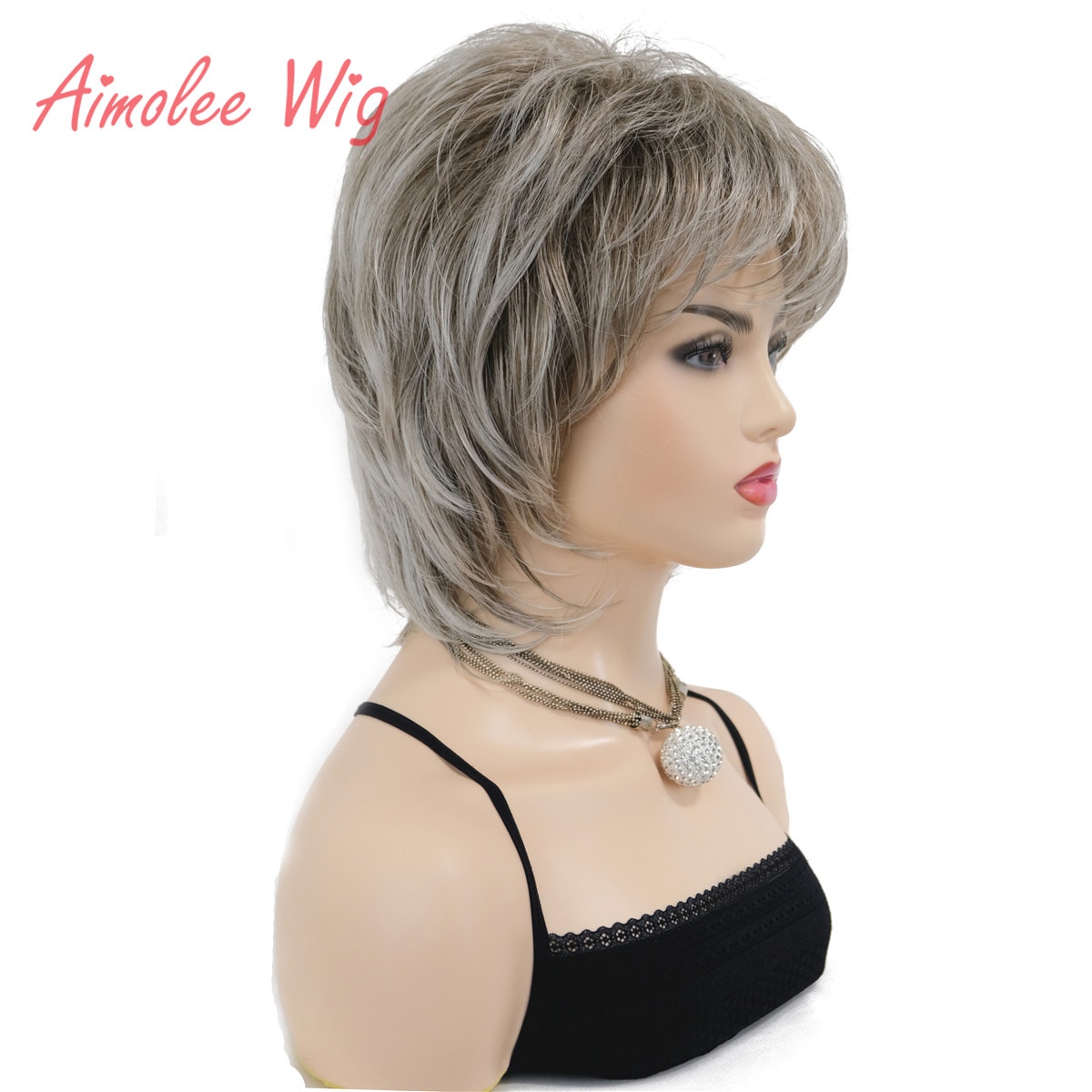 Peluca sintética en capas para mujer, pelo corto y liso, color gris plateado, mezcla de cabello natural