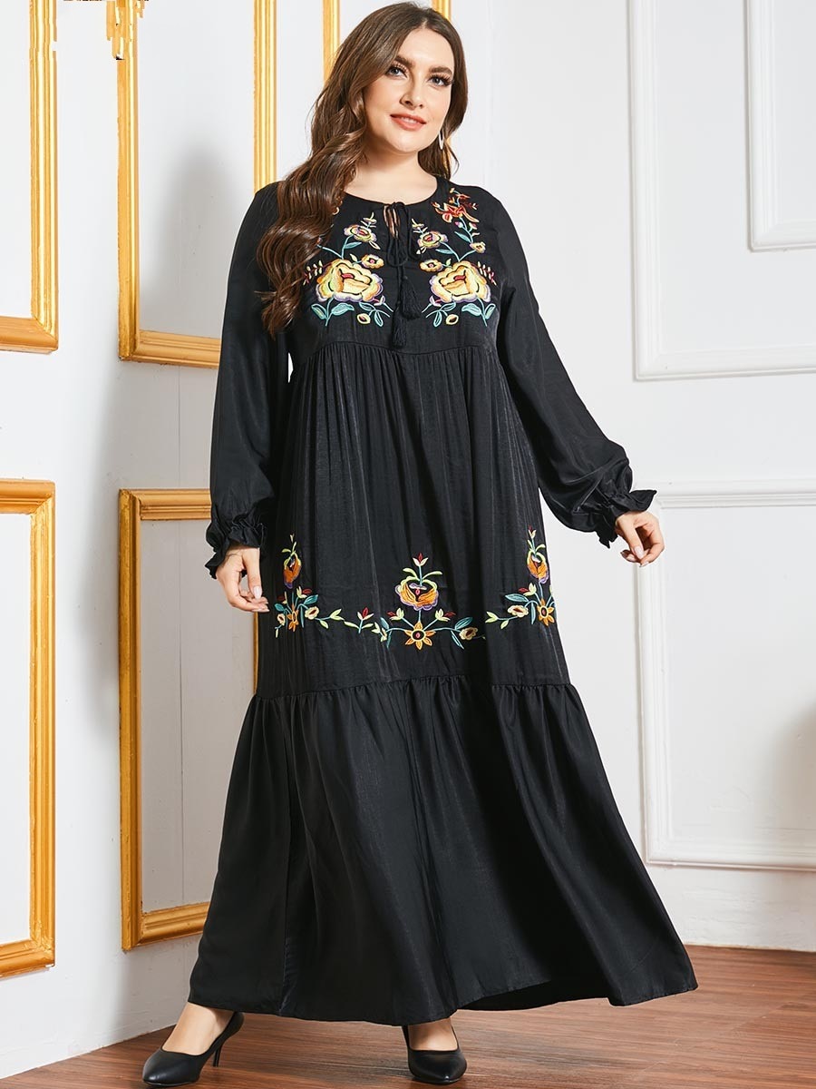 Women Floral printed Muslim Long Dress Long Sleeve Floor Length Evening Party Islamic Dress
