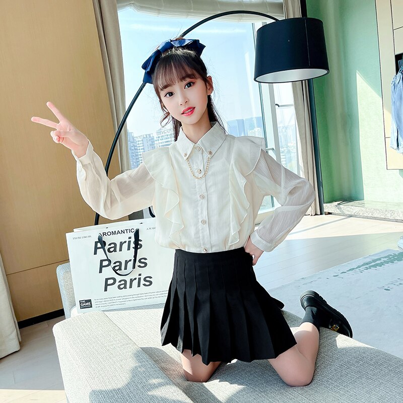 Girl Top Streetwear Shirt for Teen Pink Apricot Long Sleeve Blouse Kid Girls Clothes Size 6 8 10 12 14 Spring Autumn: Beige / 8