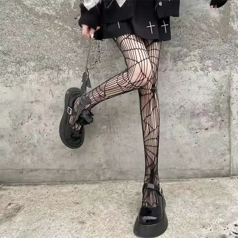 Gothic Dark Girls Skull Hollowed Out Tights Punk Women Sexy Fishnet Black Stockings Goth Lolita Nylon Spider Web Mesh Pantyhose