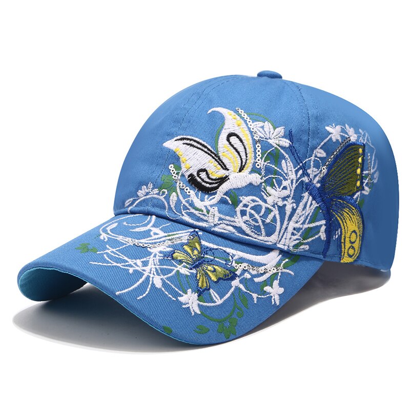 Gorras de béisbol a la para mujer, gorros de béisbol a la de algodón informales para adultos, para exteriores y viajes, Sombreros con bordado de mariposas y flores: Blue
