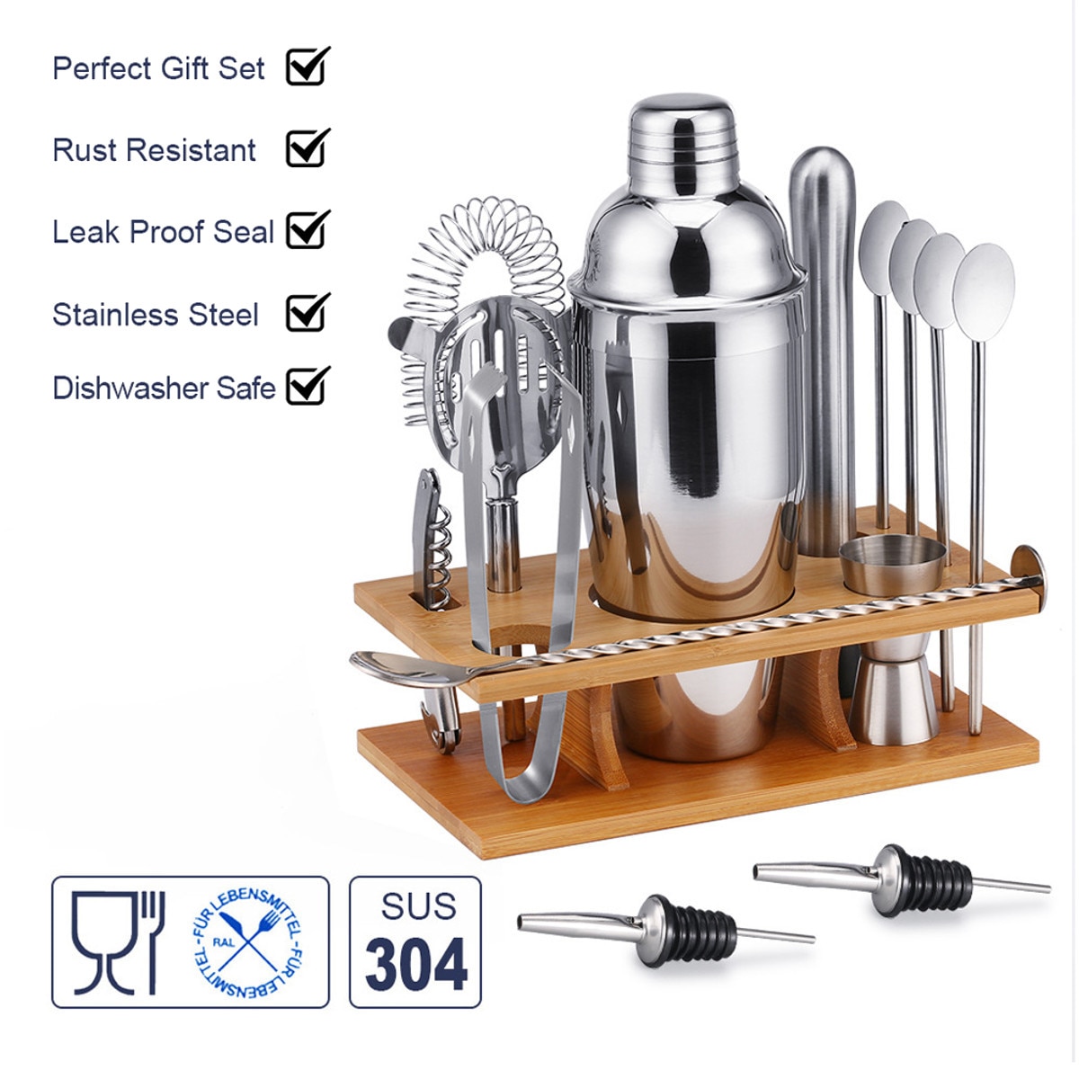14pcs 550/750ml 304 Stainless Steel Cocktail Shaker Set Barware Kit with Bamboo Wine Rack for Bartender Drink Party Bar Tool Set