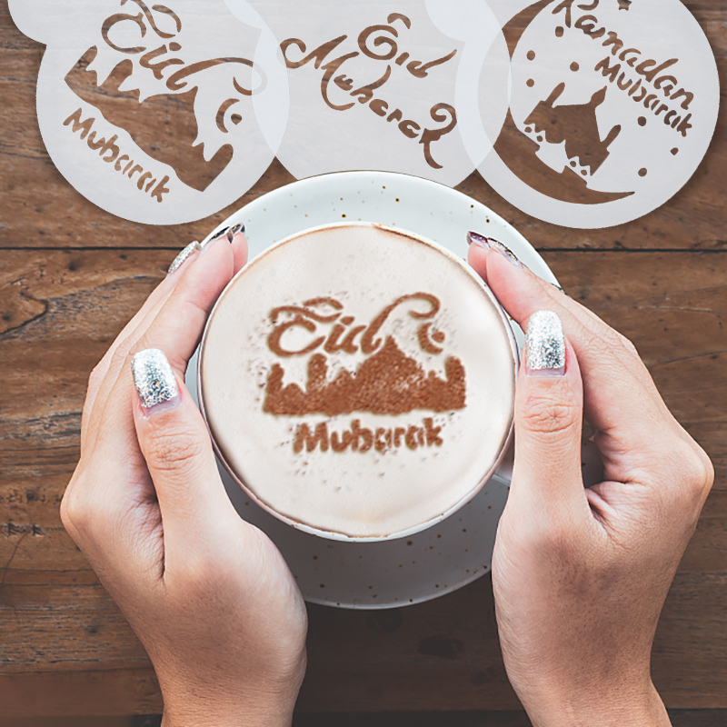 3pcs/set Eid Mubarak White Ramadan Coffee Foam Spray Printing Template Moon Star Coffee Latte Art Cake Decorations Tools